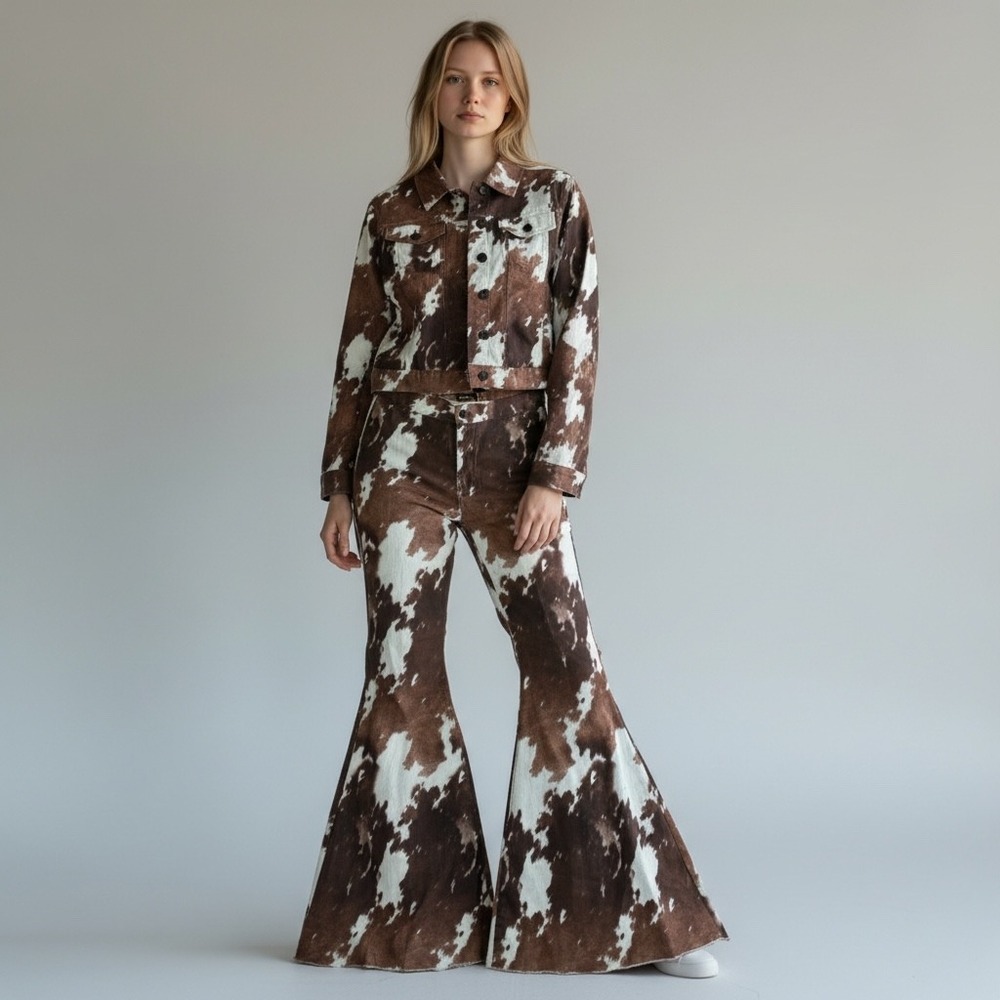 Lucky & Blessed Cow Print Set Womens M/10 Brown Flare Pants Crop Jacket L&B